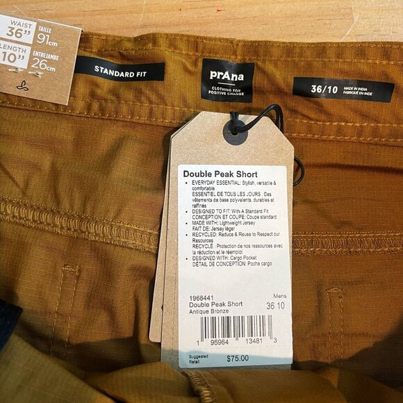 prAna Men's 36"W/10"L Double Peak Hiking Trail Short ANTIQUE BRONZE - Picture 7 of 8